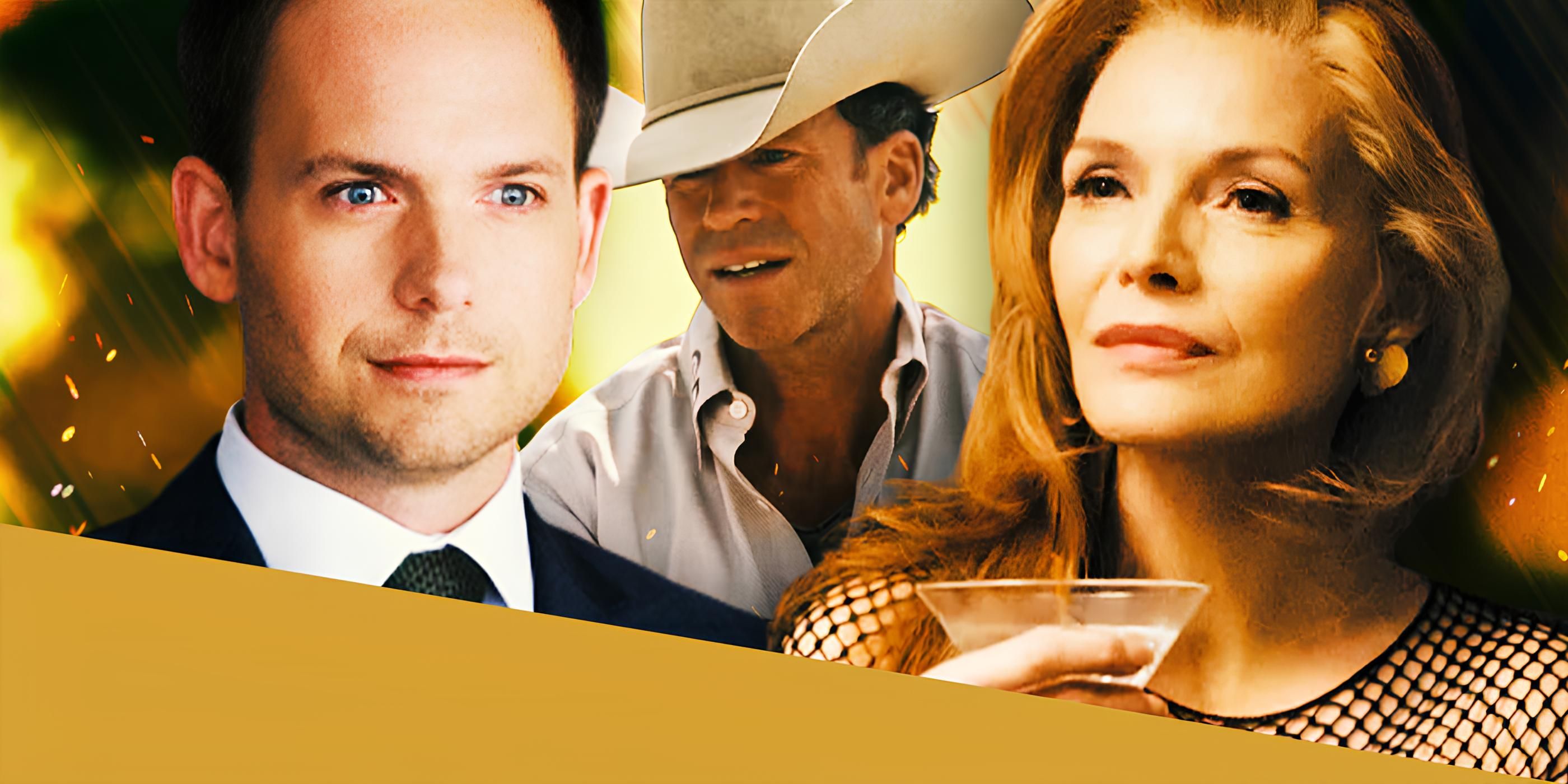 Michelle Pfeiffer Next to Patrick J. Adams and Taylor Sheridan in a cowboy hat