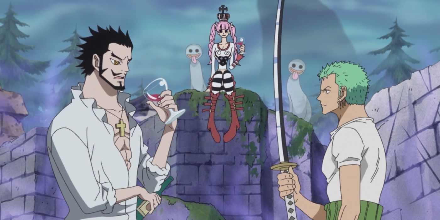 Mihawk, Perona and Zoro talking during one of their breaks. 