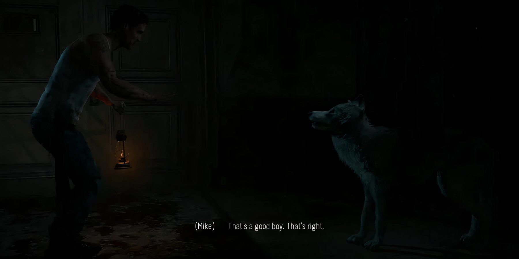 Mike se aproximando de Wolfie no remake de Until Dawn.