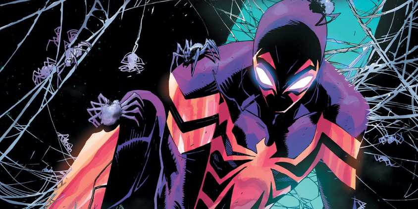 Miles Morales surrounded by spiders in new Vibranium Spider-Man suit in art by Federico Vicentini