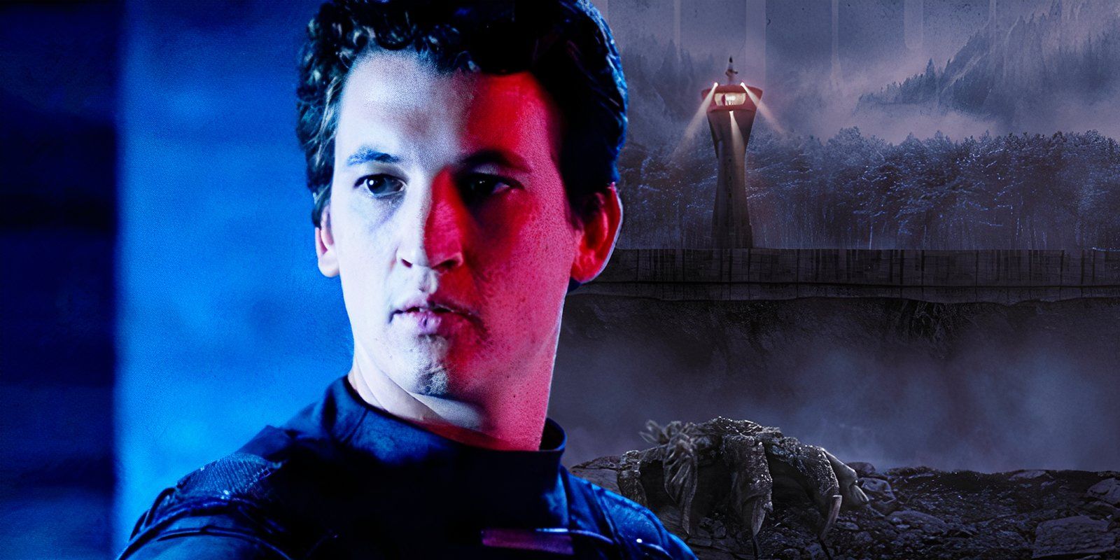 Miles Teller in Fantastic 4 juxtaposed with a watchtower in a poster for The Gorge