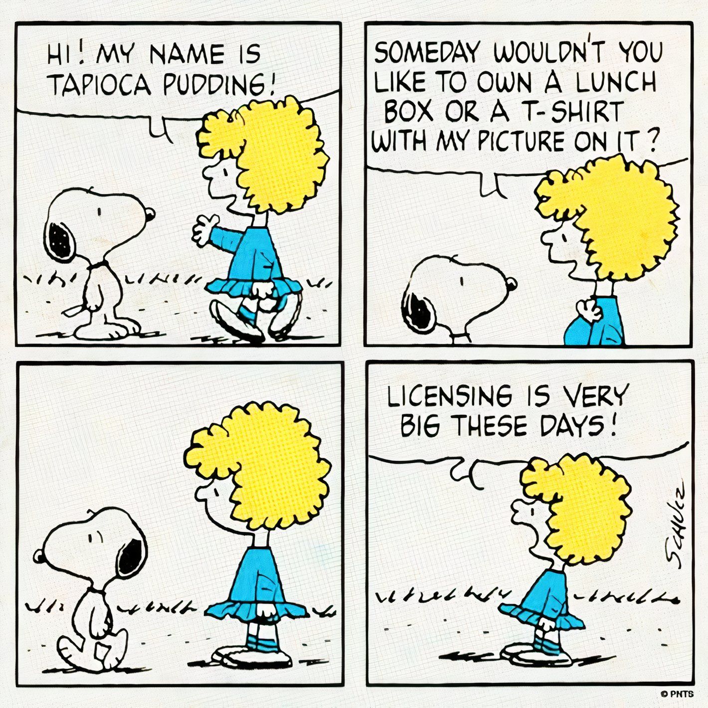 Minor Peanuts character Tapioca Pudding introduces herself to Snoopy