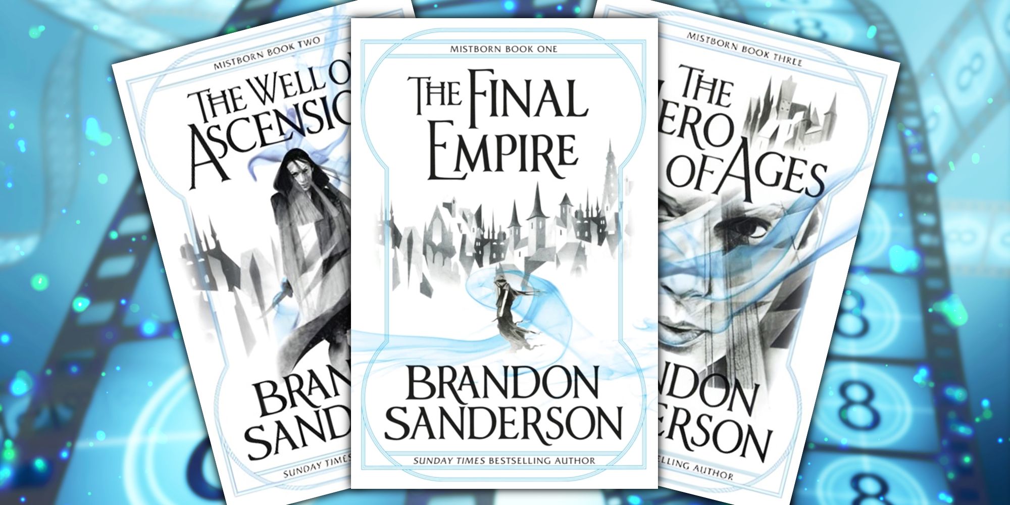 Mistborn book covers with a film reel background