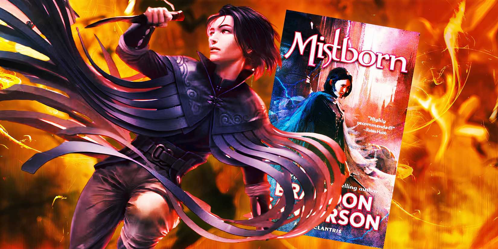 Vin holding knives in front of the first Mistborn book