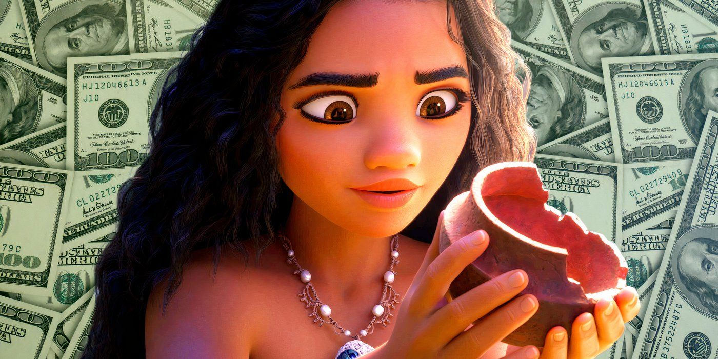 Moana from Moana 2 looking at the broken pot in front of the money