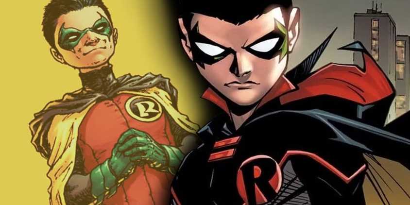 Comic book art: 2020s Robin Damian Wayne in front of Batman Rebirth era Damian.