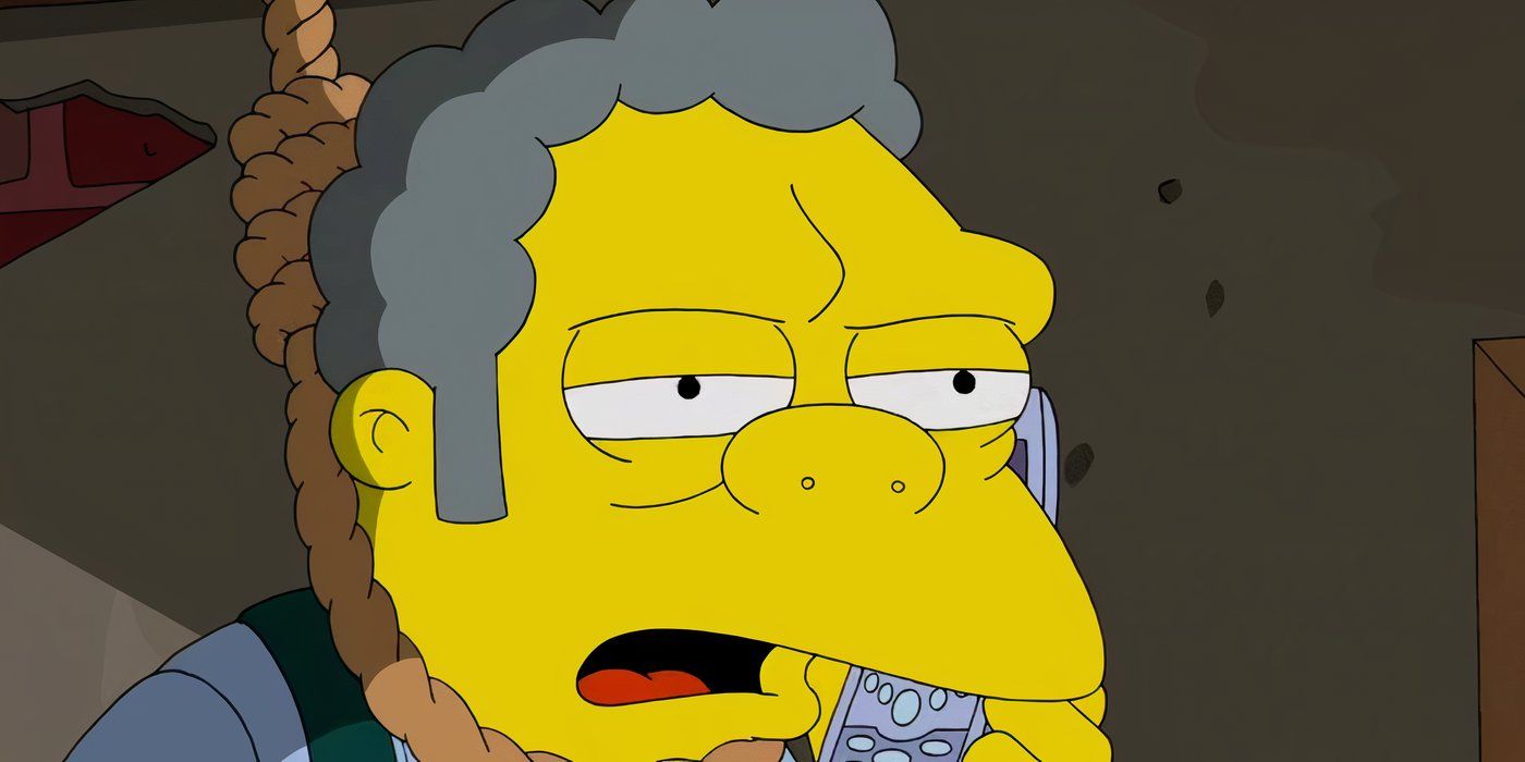 Moe receiving a prank call from Bart while in a noose in The Simpsons