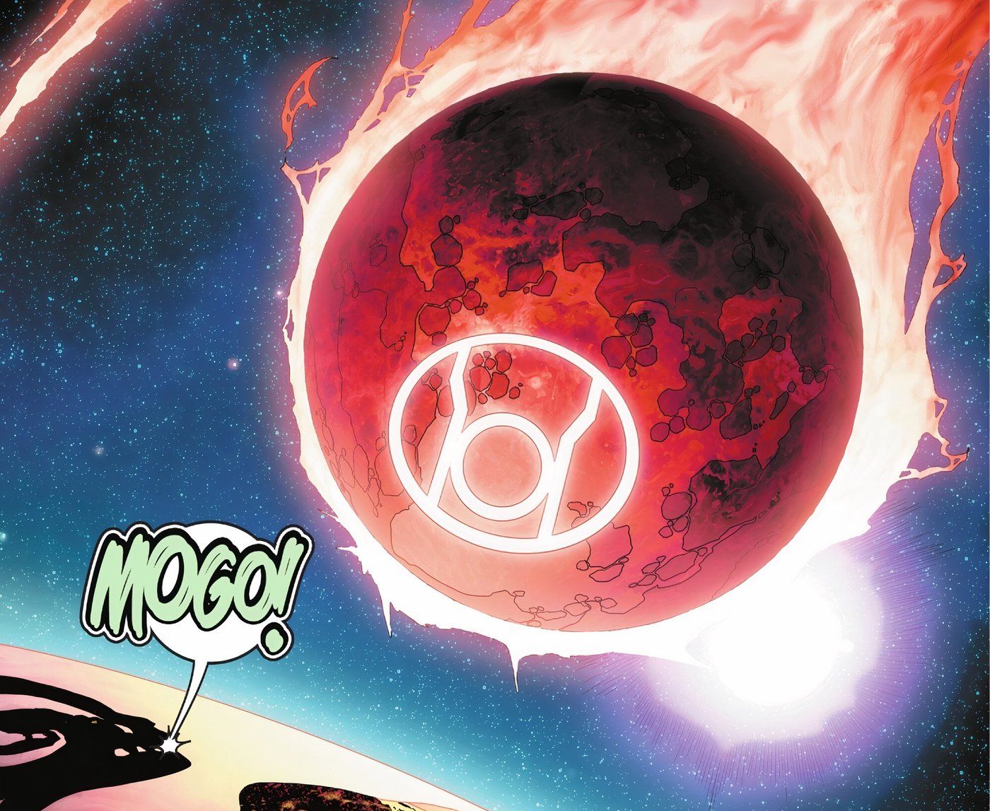 Comic book panel: The Green Lanterns react in shock as Mogo is transformed into a Red Lantern and hurtles towards Thanagar.