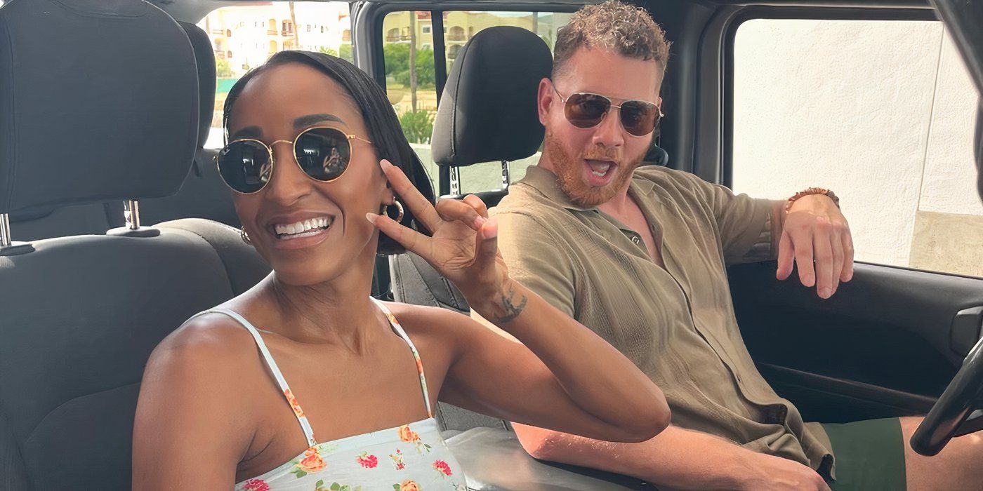 Love Is Blind Monica Davis & Stephen Richardson taking a selfie in a car with both wearing shades