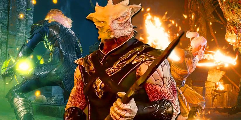 Dark Urge holding a spear with different monks in the background from Baldur's Gate 3.