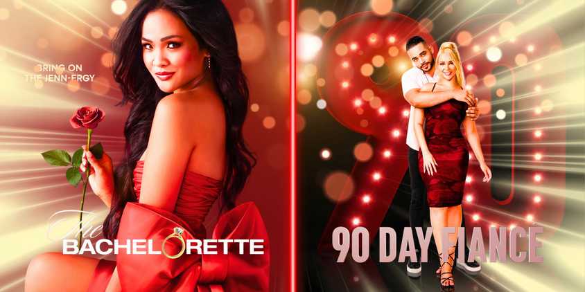 montage of the bachelorette and 90 day fiance with split images