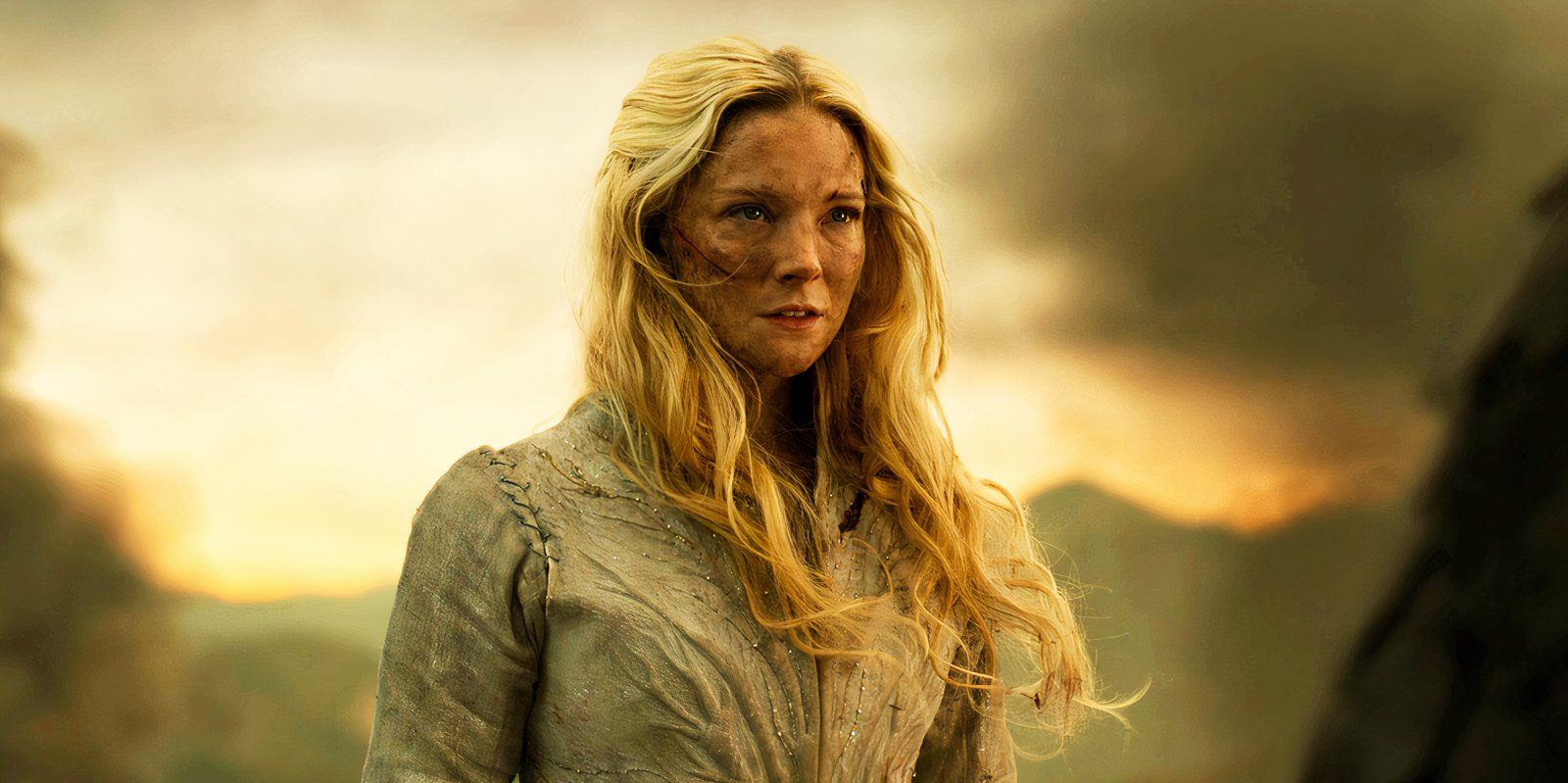 Moryfdd Clark dirty and cut up as Galadriel in The Lord of the Rings The Rings of Power season 2