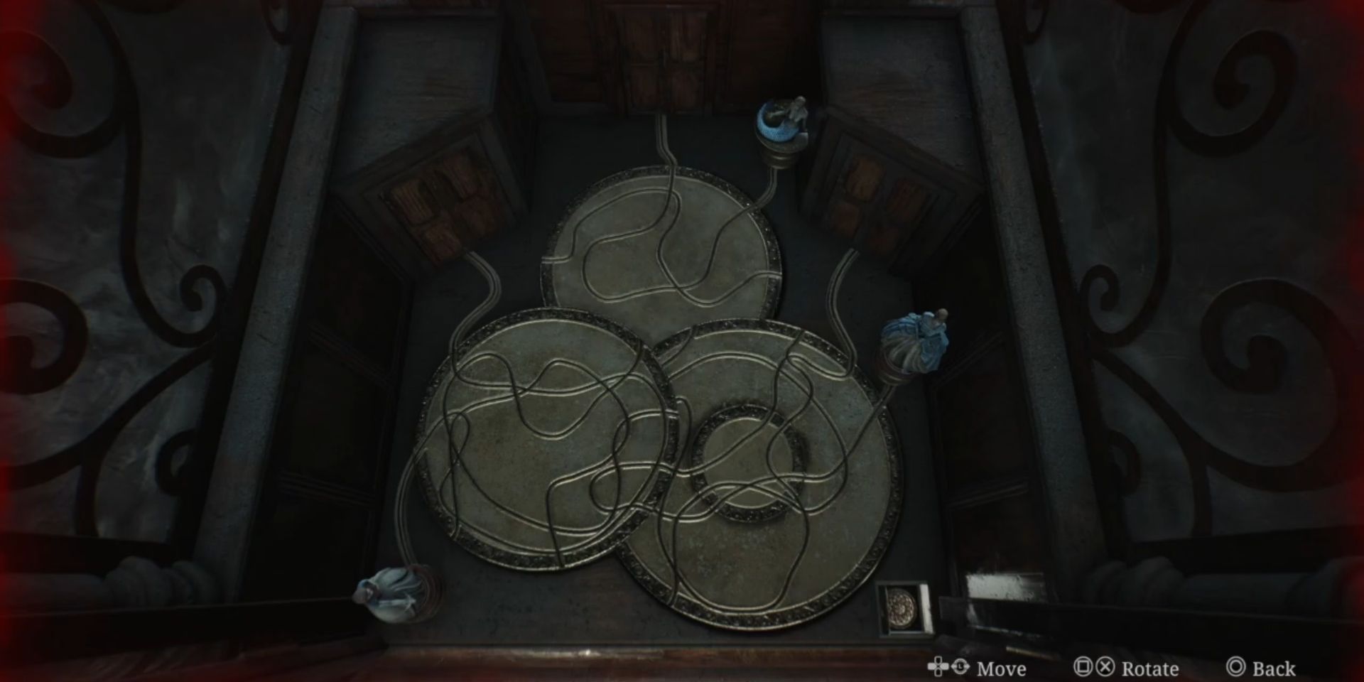 Tres estatuas se asientan sobre plataformas y crean un camino en la solución Music Box de Silent Hill 2 Remake