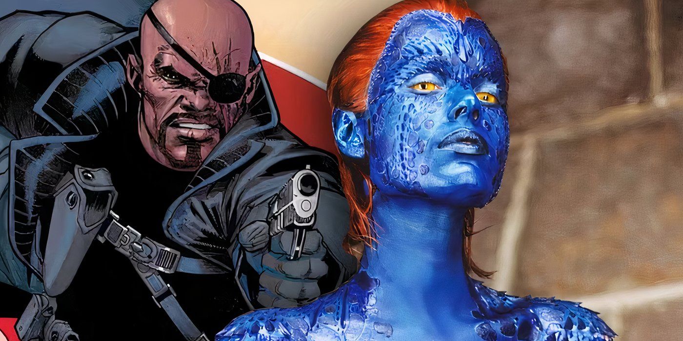 Nick Fury pointing a gun at the back of Mystique's head.