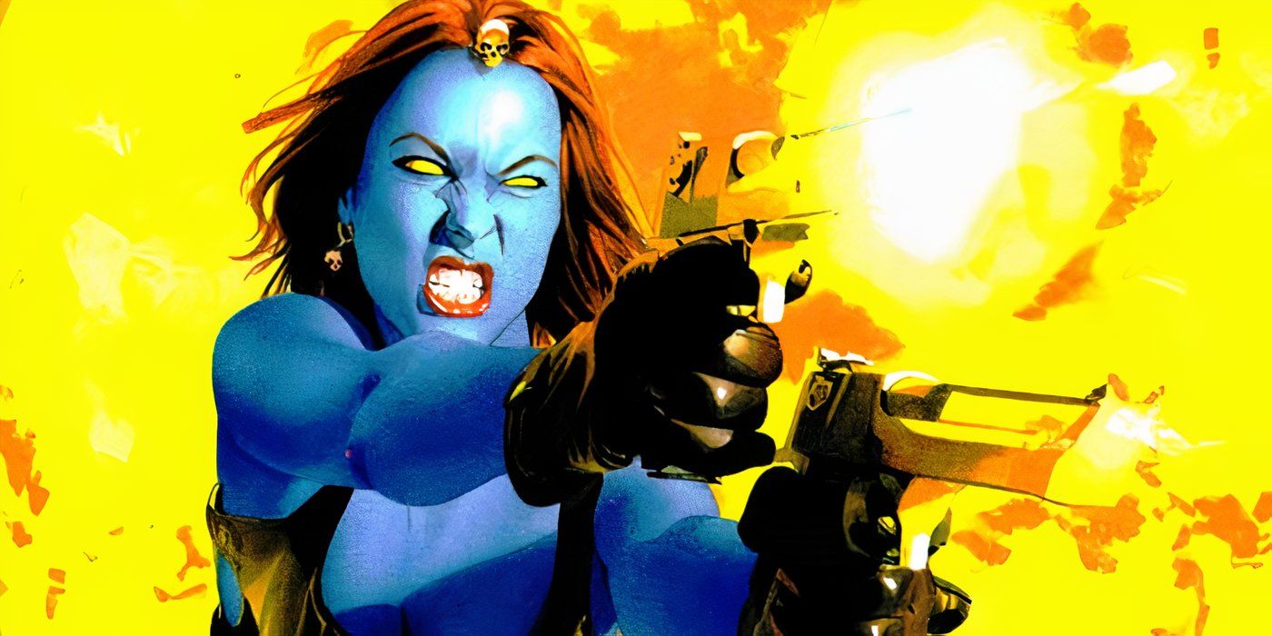 Mystique shooting her pistols at an unseen target.