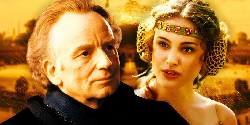 Palpatine in The Phantom Menace to the left and Padme Amidala in Attack of the Clones to the right in front of a golden-tone image of Naboo