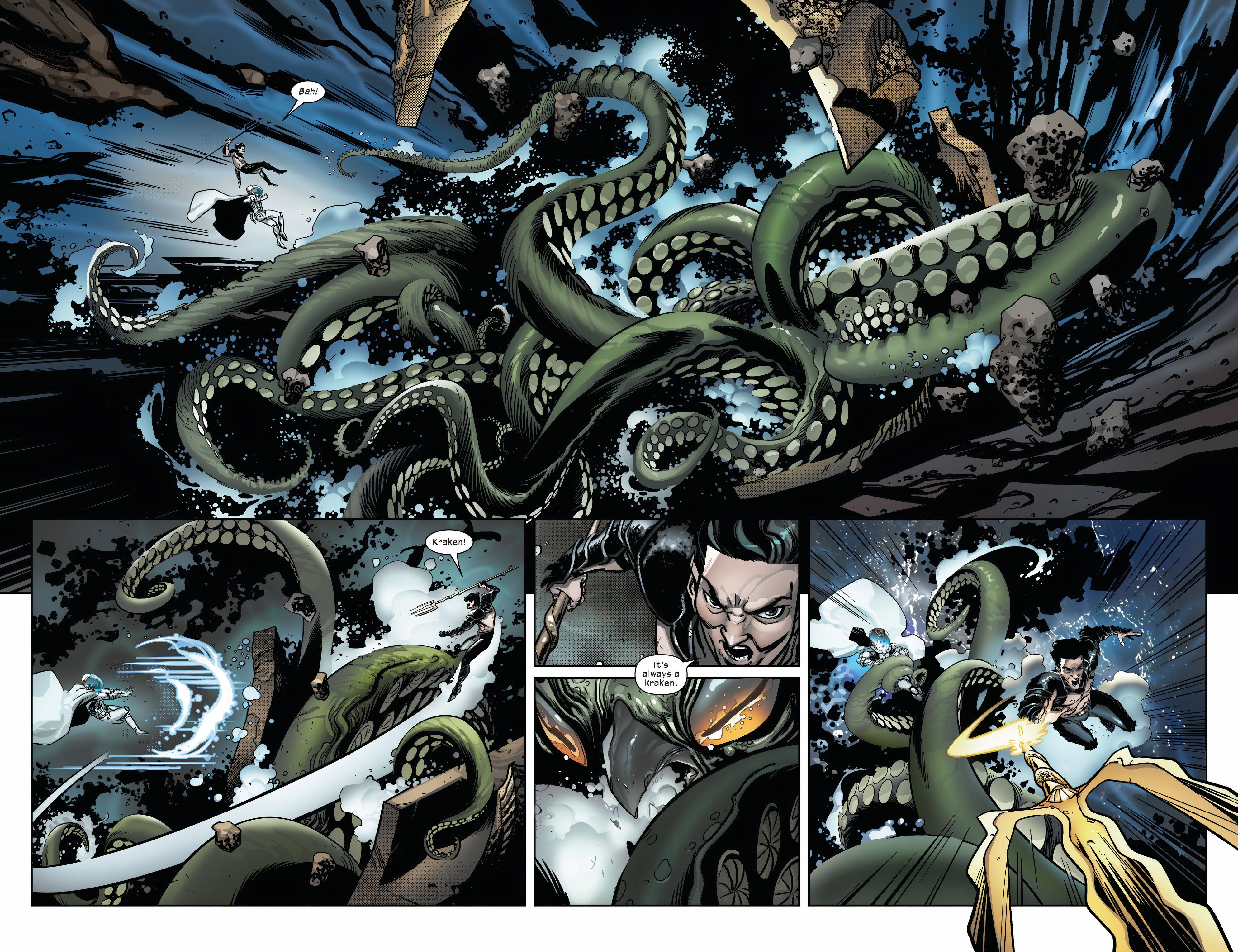 Namor e Magneto lutam contra um enorme kraken.