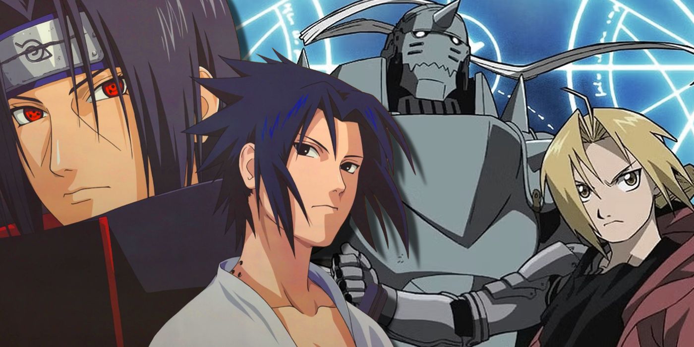 Naruto's Itachi and Sasuke frowning next To Fullmetal Alchemist's Ed and Al