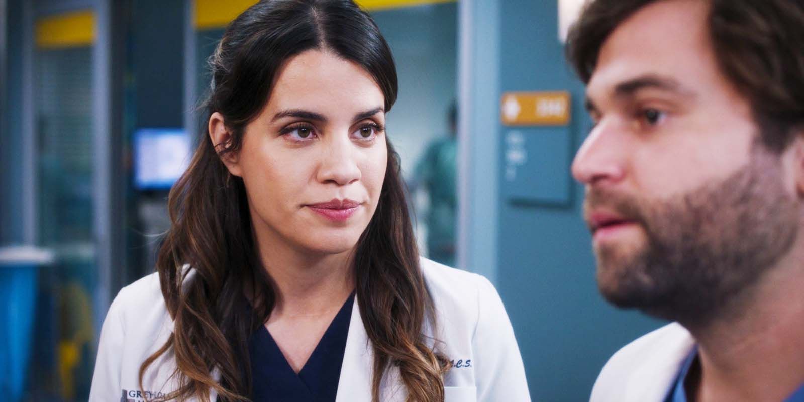 Natalie Morales as Monica Beltran and Jake Borelli as Levi Schmitt in Grey's Anatomy season 21, episode 5-1