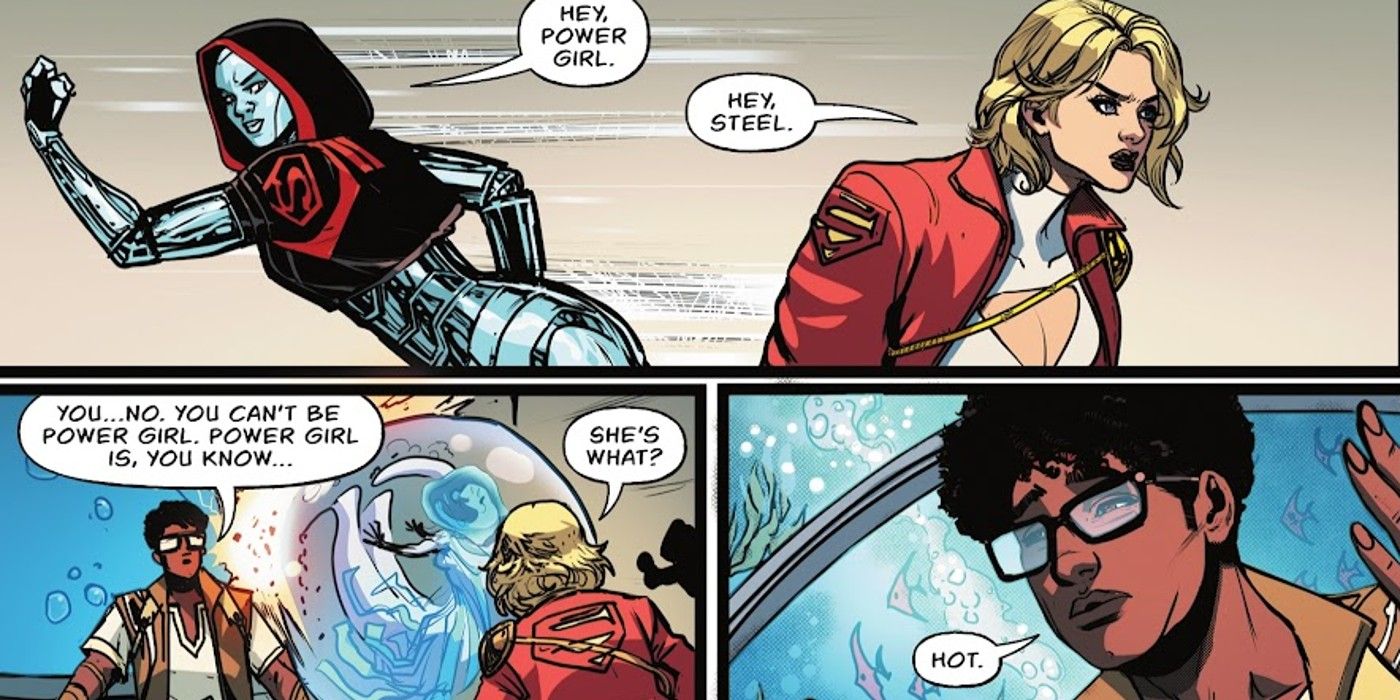 Paneles de cómics: Natasha Irons Steele intercambia con Power Girl mientras Axel Gust cuestiona su identidad secreta.