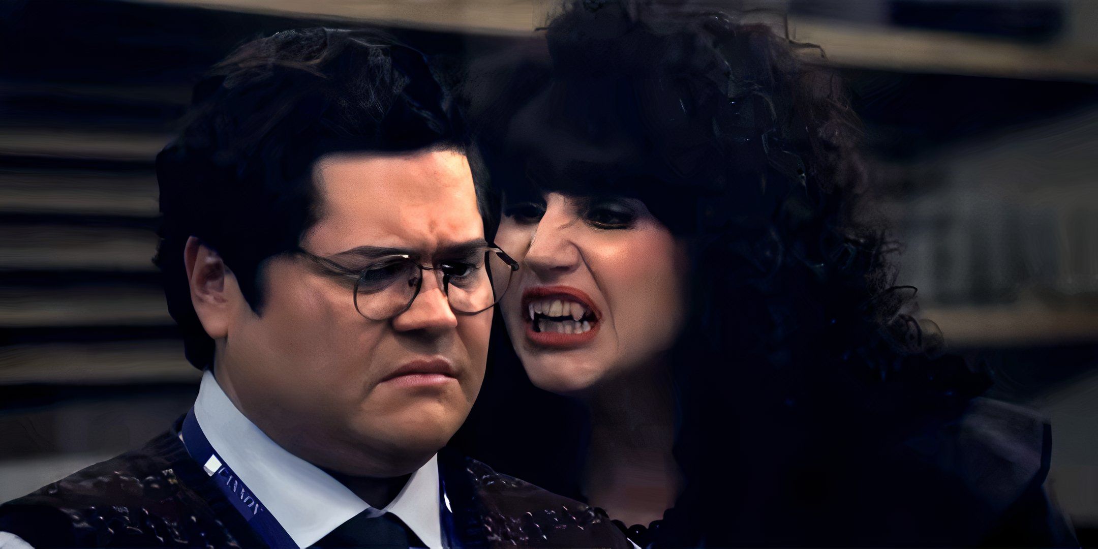 Natasia Demetriou's Nadja hissing near Guillermo's neck in What We Do in the Shadows season 6