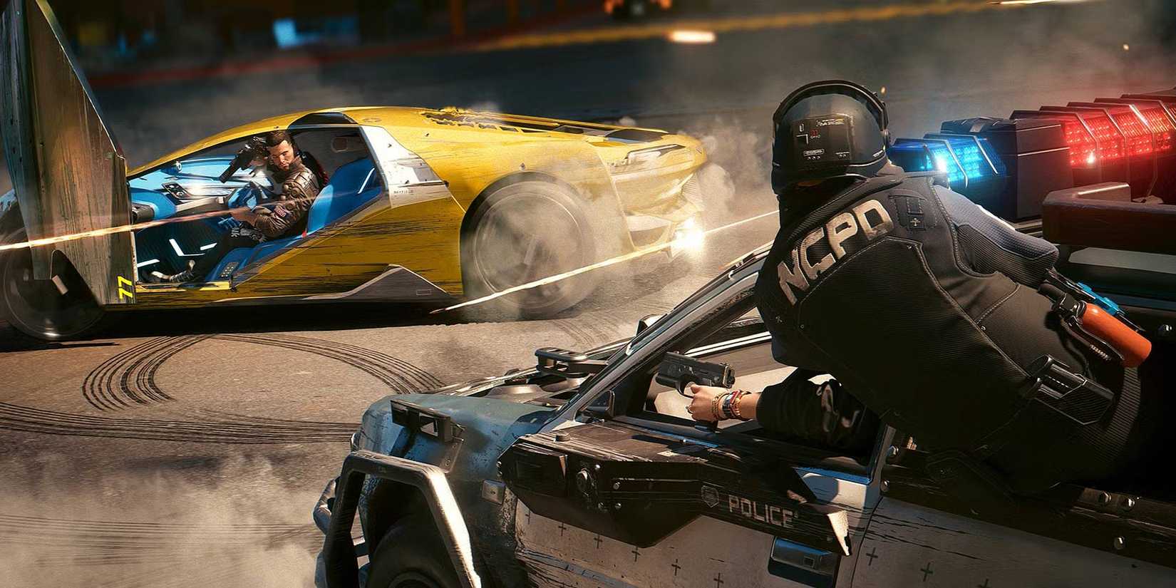 An NCPD officer leaning out of a police car shooting at V driving a yellow sports car in Cyberpunk 2077.