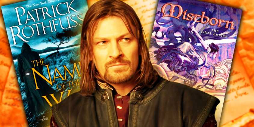 Ned in GOT in the middle with the covers of The Name of the Wind and Mistborn on either side