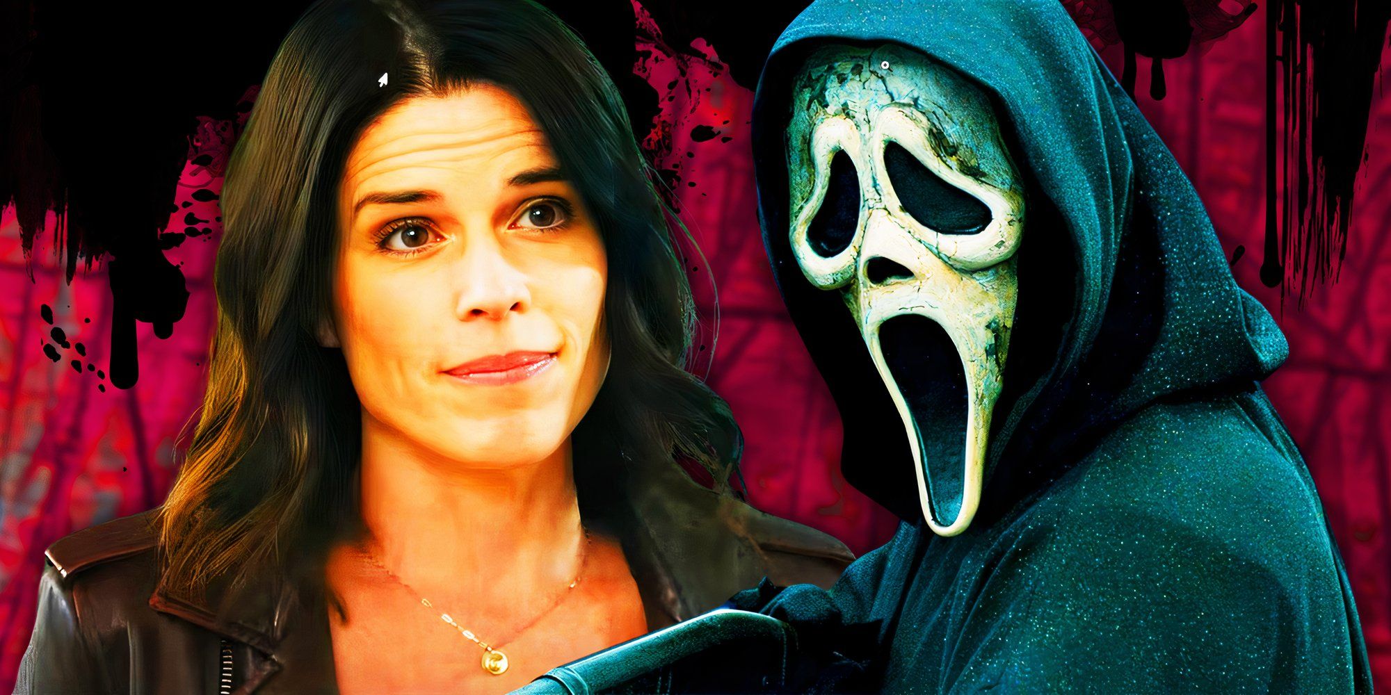 Neve Campbell as Sidney Prescott and Ghostface in Scream.