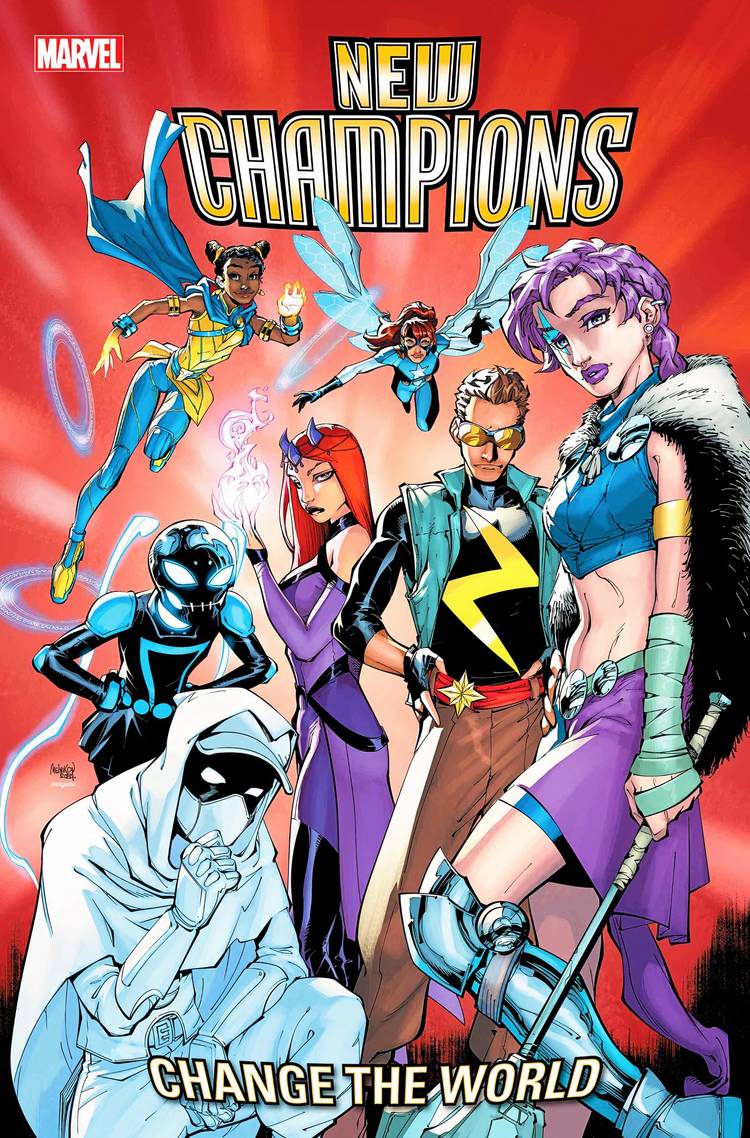 New Champions #1 main cover, the new team of young heroes against a red backdrop