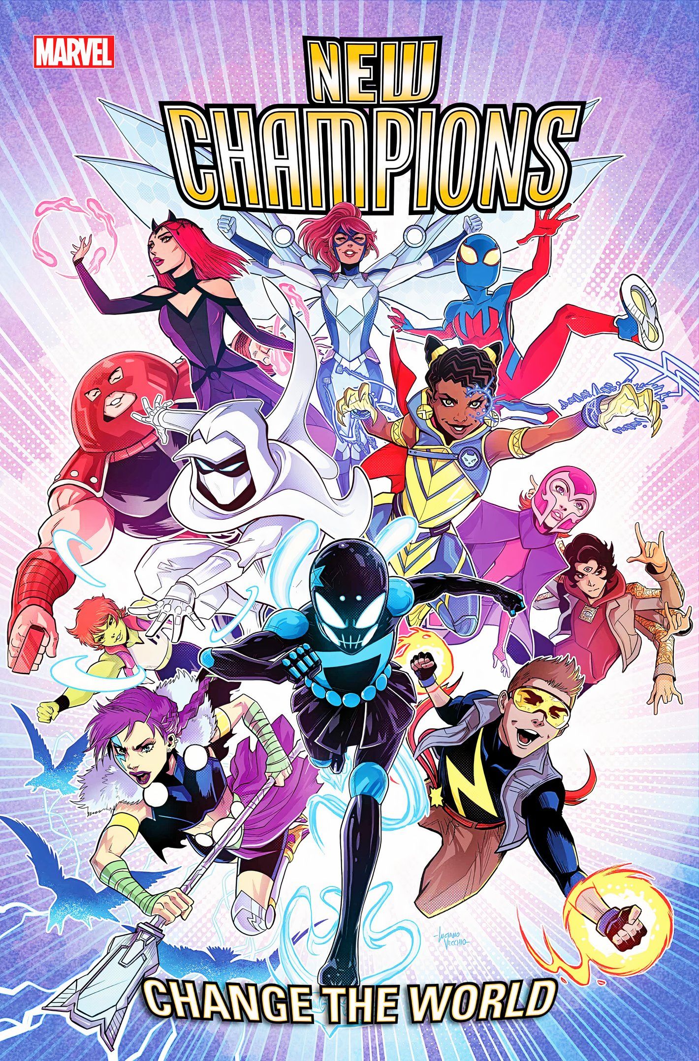 La portada de la nueva variante de Champions #1, el equipo corre hacia el lector