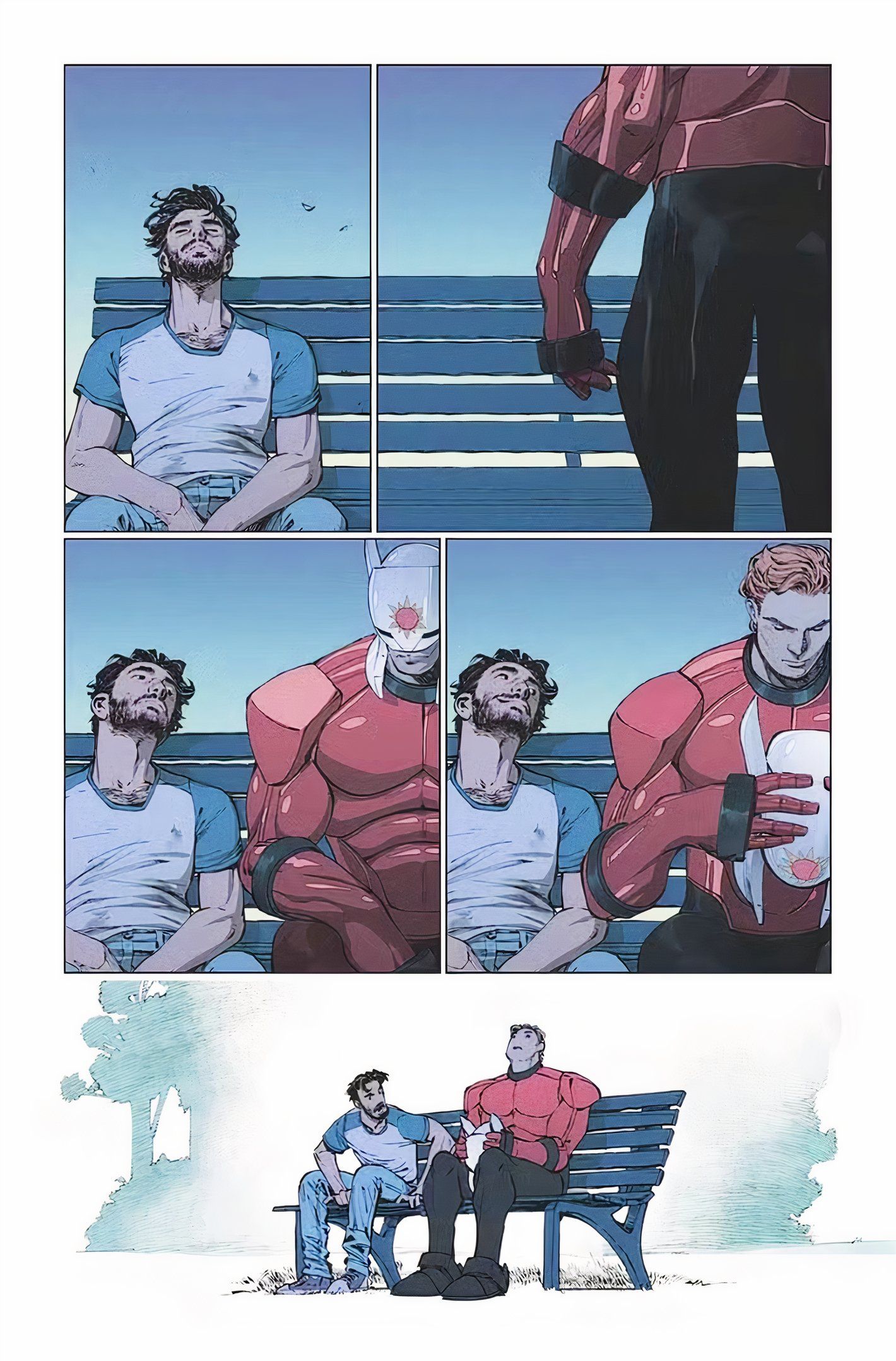 New Gods #1, Orion sits on a bench next to a bearded man and takes off his helmet