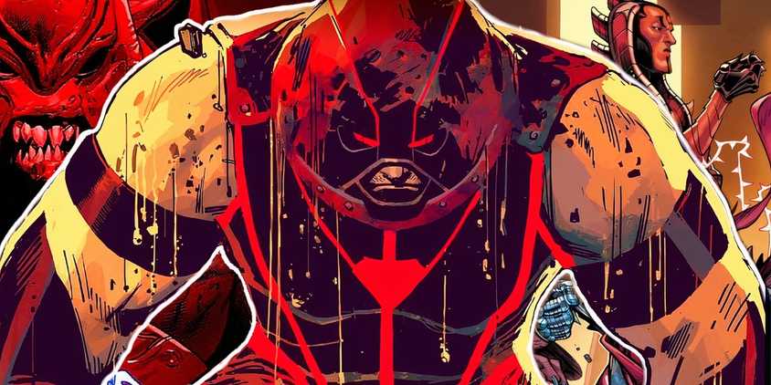 Comic book art: The Juggernaut with Cyttorak and Cyttorak's scion behind him.