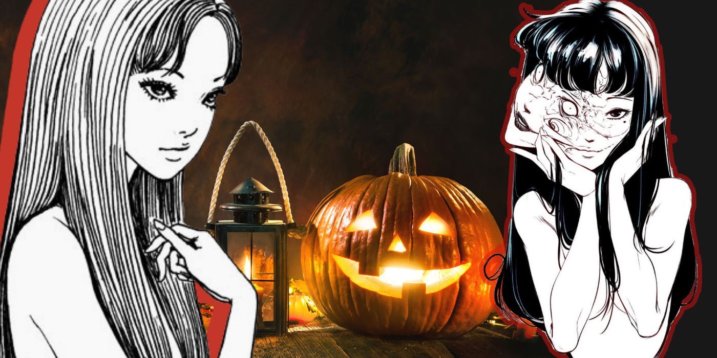 Tomie from Junji Ito's manga next to some Halloween pumpkins