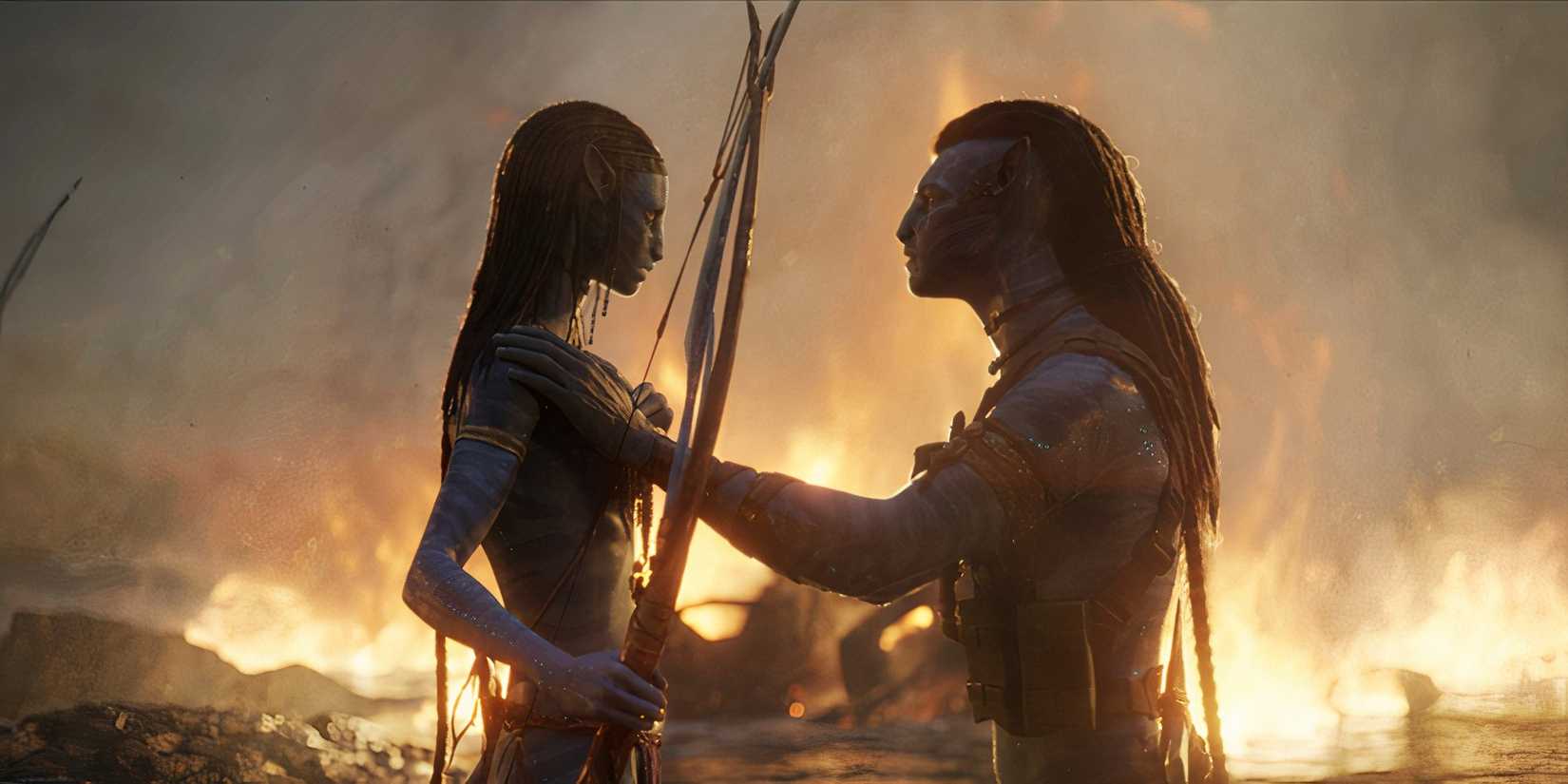 Avatar's Neytiri and Jake Sully face each other on a fiery battleground. Jake's hands are on Neytiri's shoulders. She holds a bow at her side with her right hand.