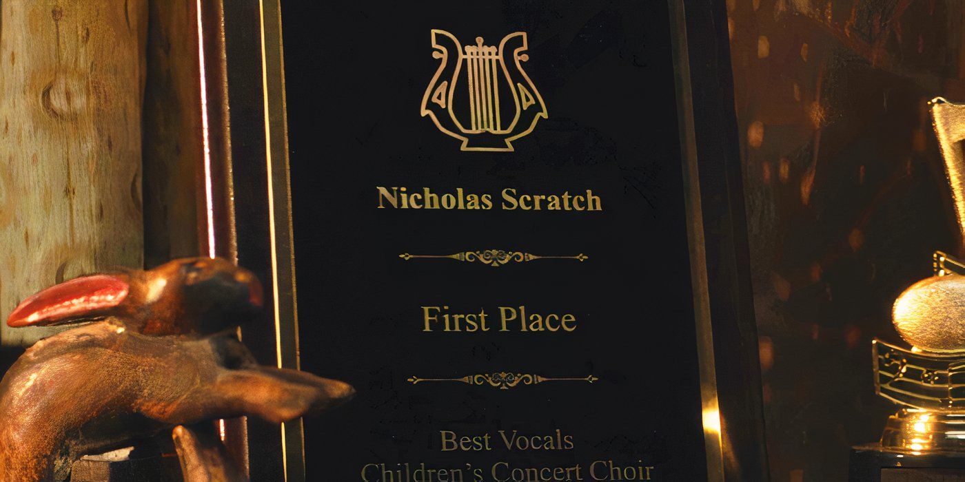 Nicholas Scratch's first place plaque and a rabbit in Agatha All Along episode 1