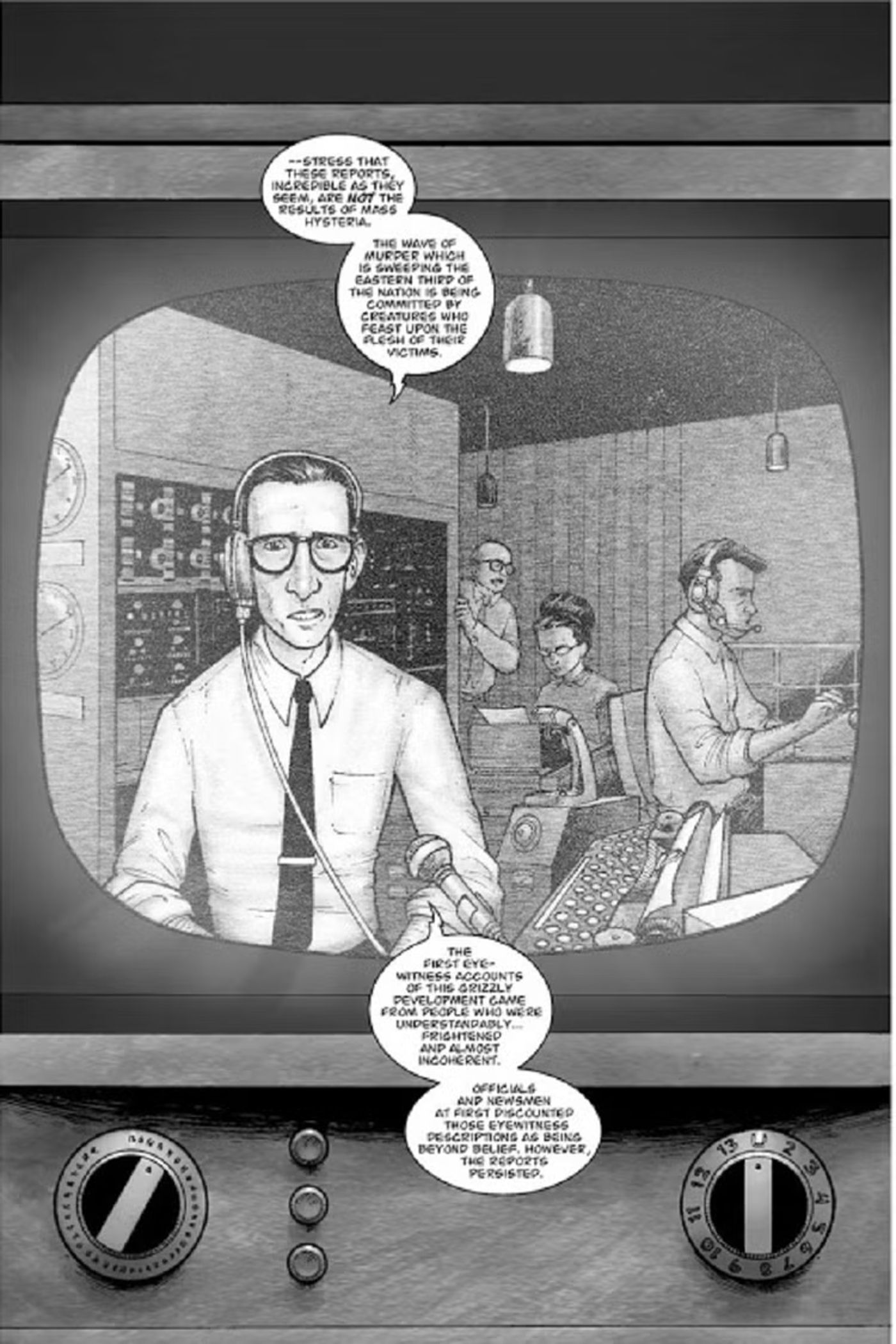 Comic book page: Night of the Living Dead Newscaster from Robert Kirkman's Original Pitch for The Walking Dead