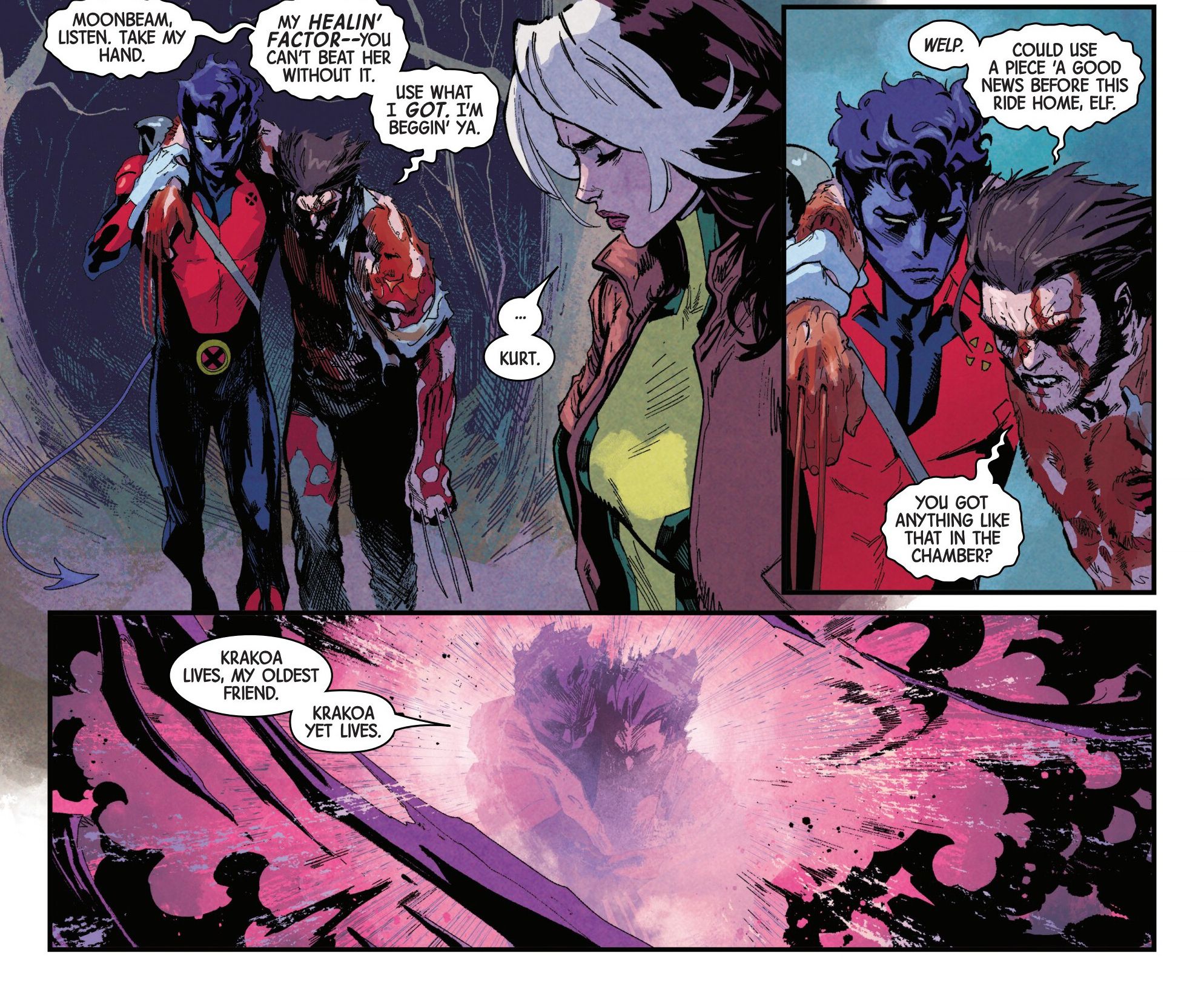 Nightcrawler conforta um Wolverine ensanguentado em Uncanny X-Men (2024) #4, dizendo a ele que 'Krakoa ainda vive'