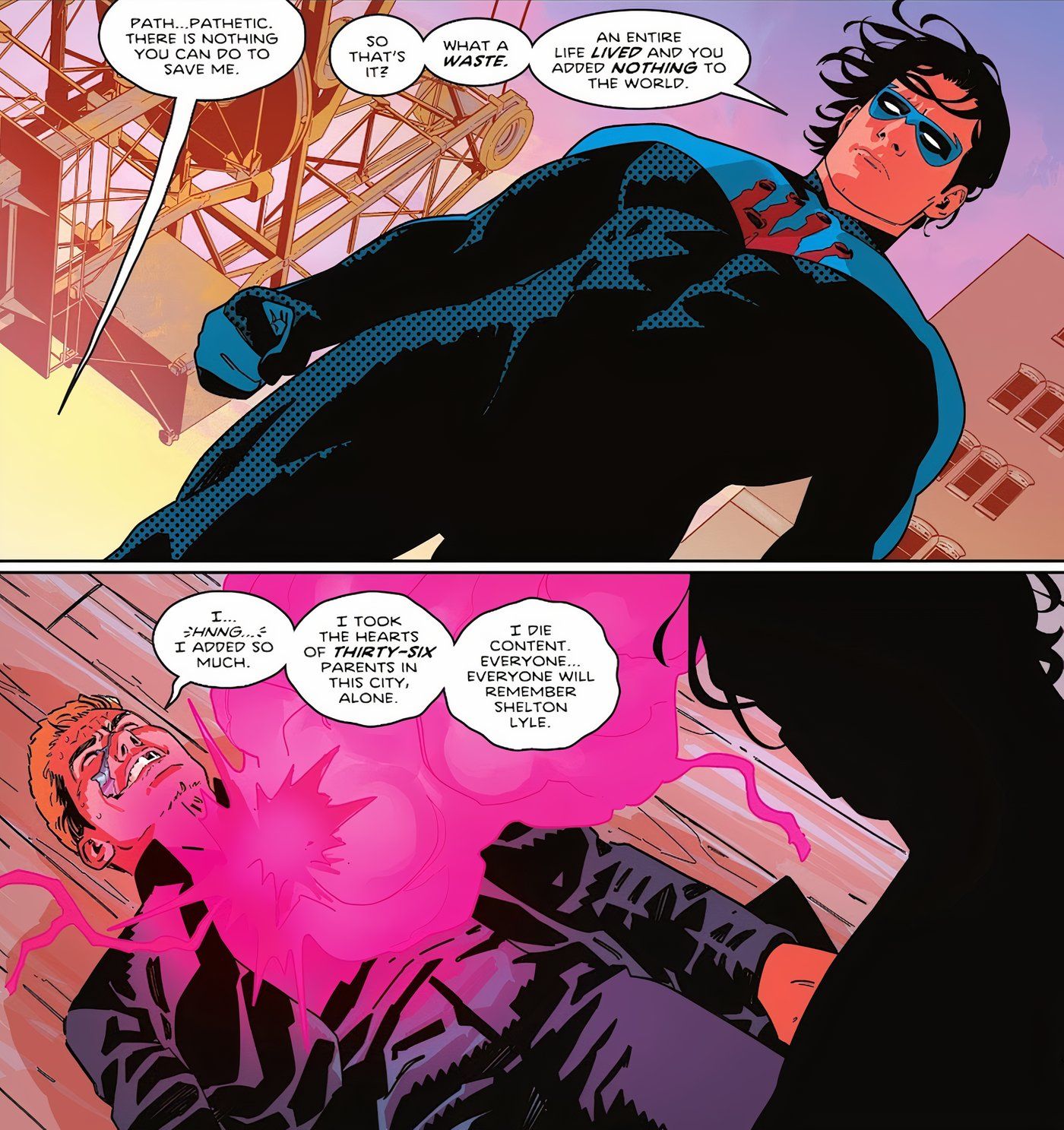 Nightwing tells Heartless he's a waste, while Heartless brags about the people he killed and says he will always be remembered