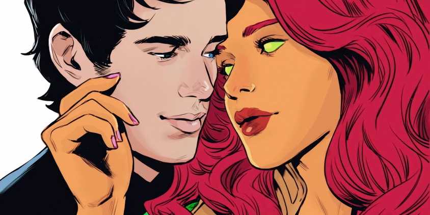 Comic book art: Nightwing and Starfire by Travis Moore looking at one another.