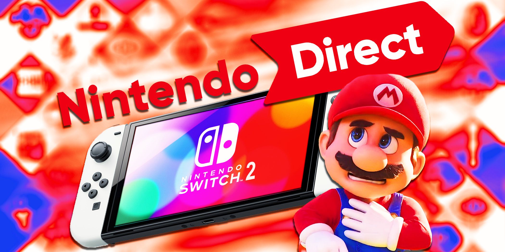 Nintendo Direct logo with the Nintendo Switch and a confused Mario from the movie