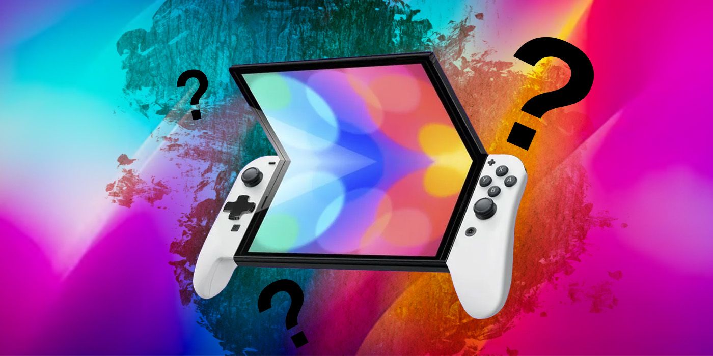 Una posible consola Nintendo Switch 2 con pantalla plegable rodeada de signos de interrogación.