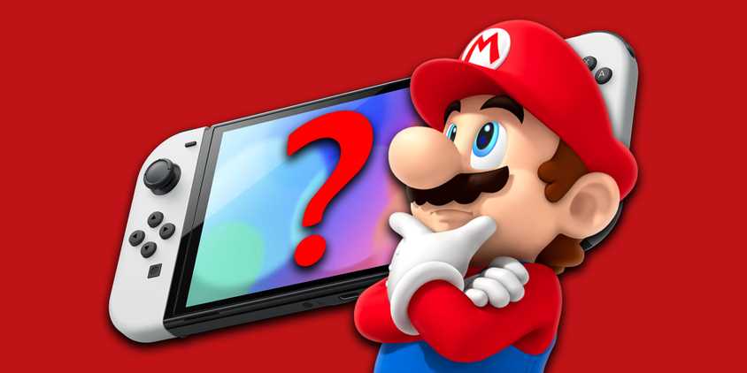 Mario thinking next to an image of a Nintendo Switch with a superimposed question mark.