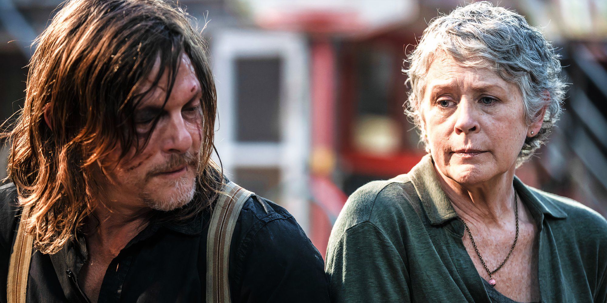 Norman Reedus as Daryl and Melissa McBride as Carol looking glum in The Walking Dead Daryl Dixon season 2