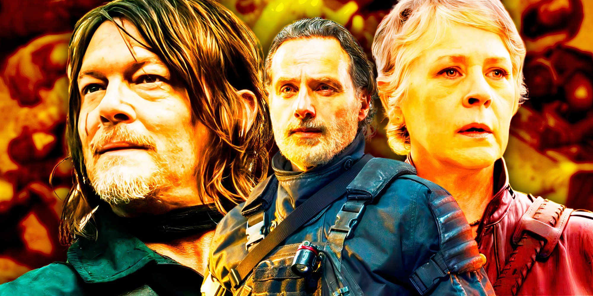 Norman Reedus as Daryl Dixon and Melissa McBride as Carol Peletier in The Walking Dead: Daryl Dixon and Andrew Lincoln as Rick Grimes in The Ones Who Live