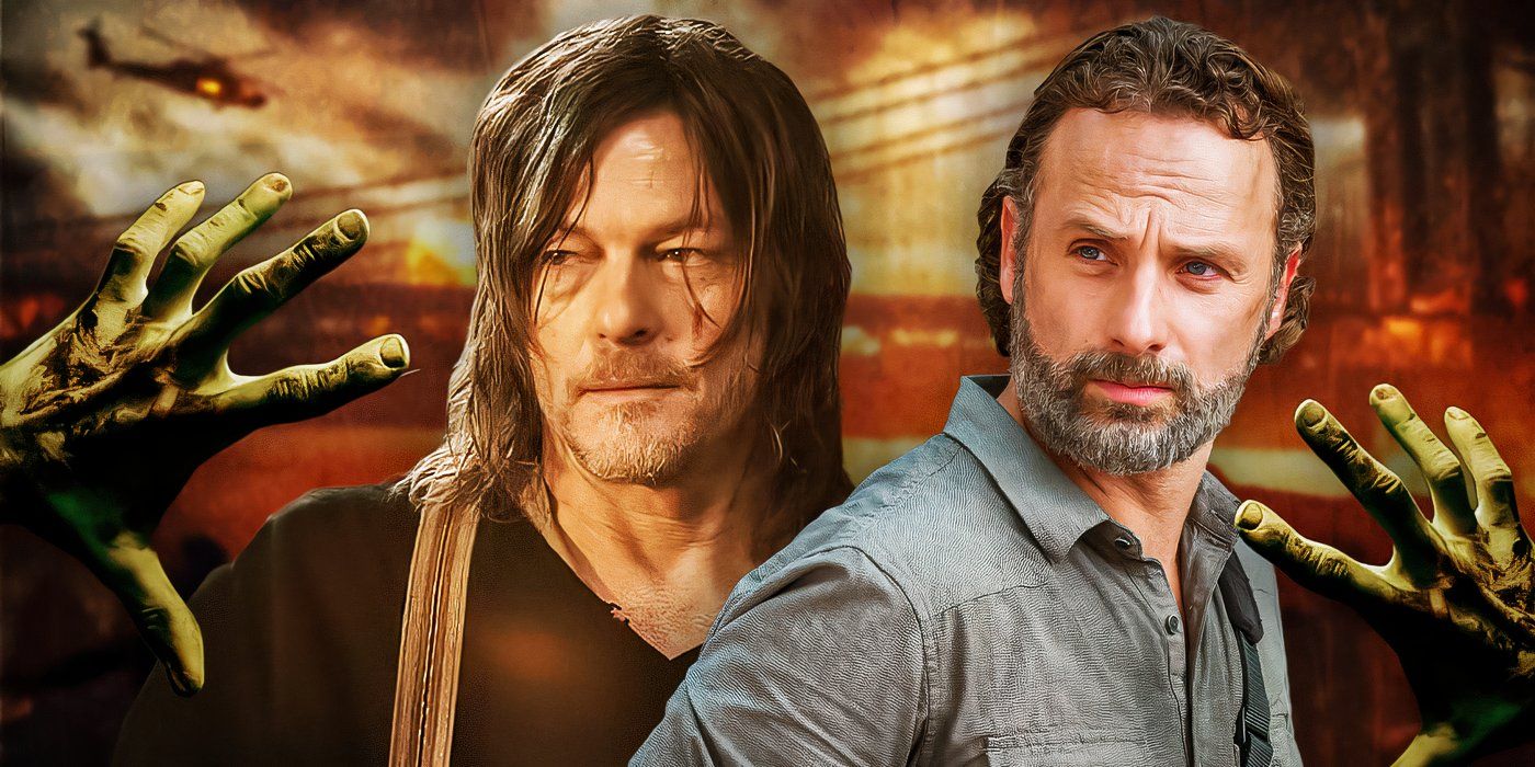 Norman Reedus as Daryl Dixon in The Walking Dead: Daryl Dixon and Andew Lincoln as Rick Grimes in The Walking Dead between two zombie hands