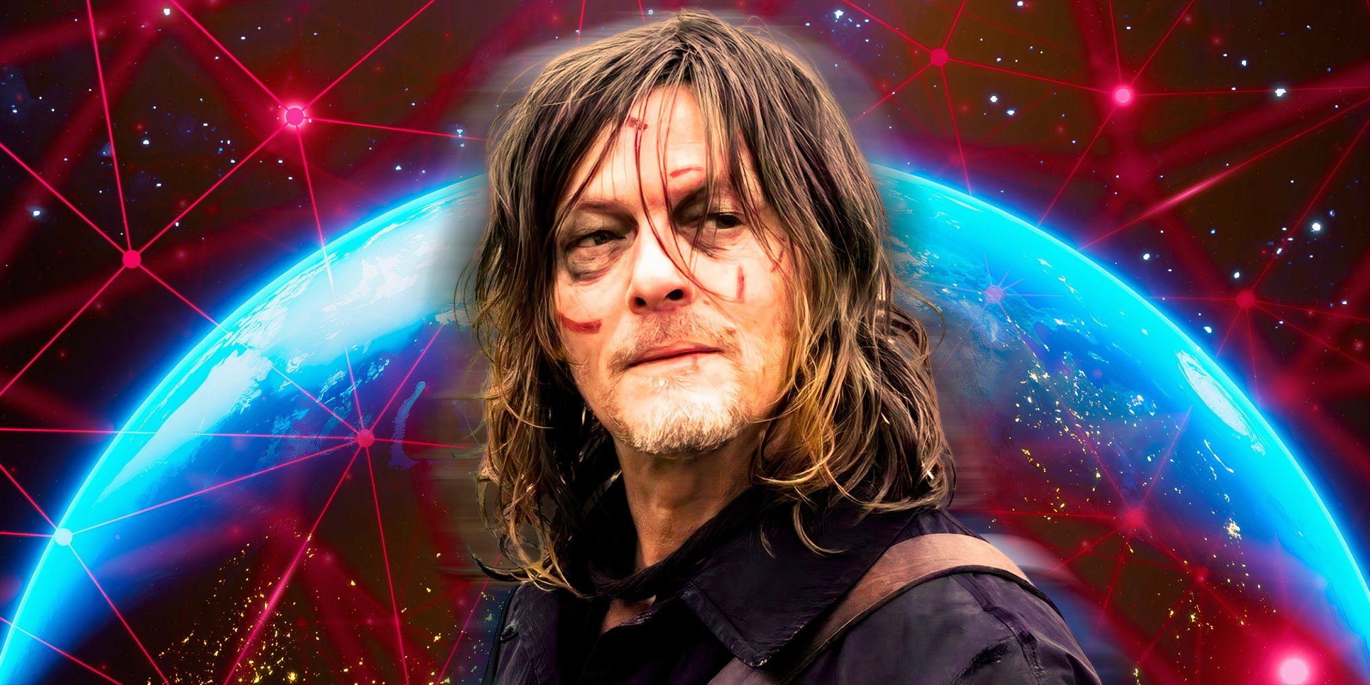  Daryl Dixon with earth in the background covered in red lights