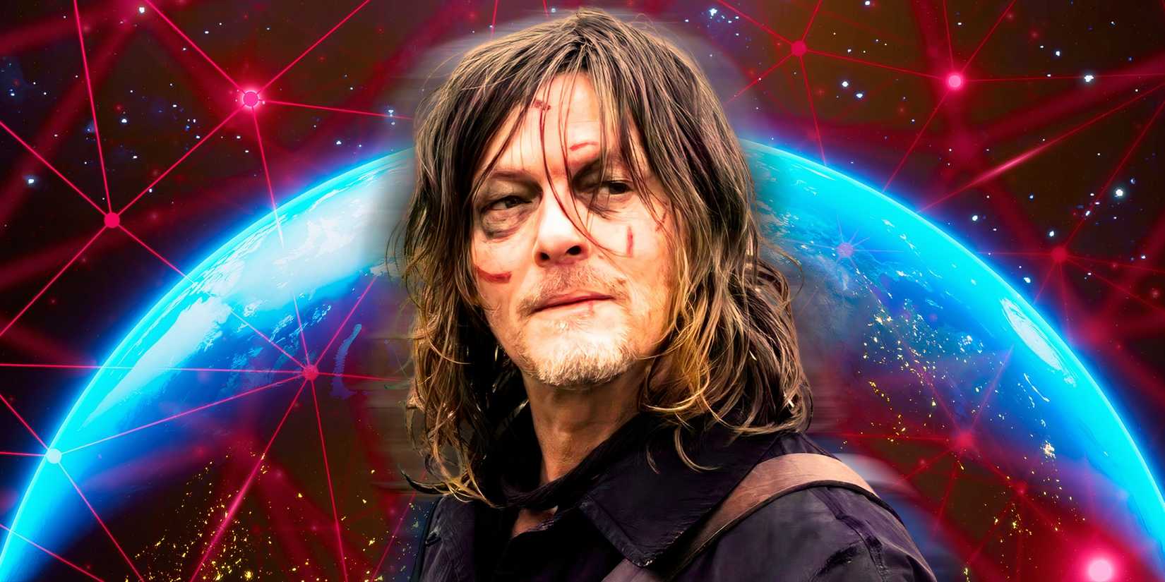 Norman Reedus as Daryl Dixon in The Walking Dead: Daryl Dixon with earth in the background covered in red lights
