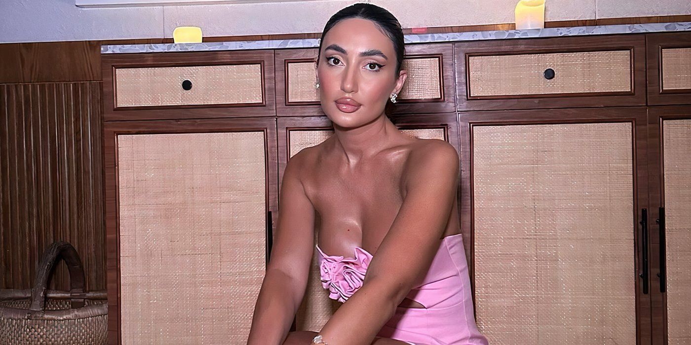 Love Is Blind Habibi season 1 Nour El Hajj in a strapless pink dress looking straight at the camera