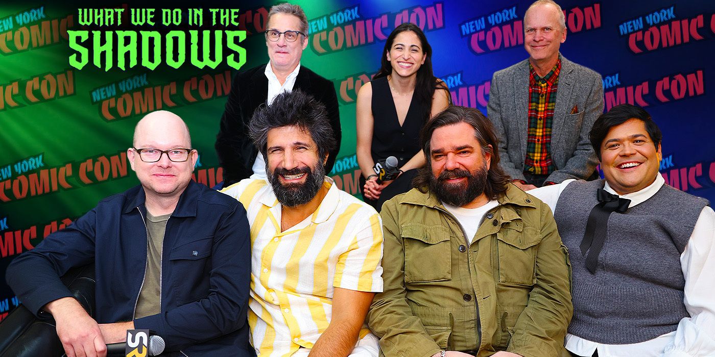 Paul Simms, Sam Johnson, Sarah Naftalis, Kayvan Novak, Harvey Guillén, Matt Berry, and Mark Proksch during NYCC's What We Do in the Shadows season 6 interview