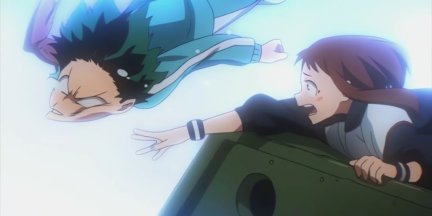 Ochako saves Deku from dying by slapping him and preventing his fall. 